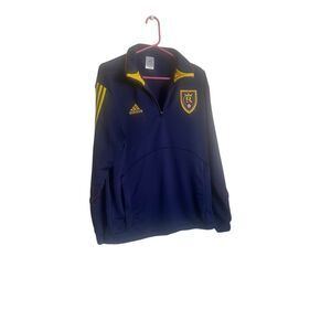 Adidas Mens Navy Blue Yellow Long Sleeve Stripe Training Pullover Top Size Large